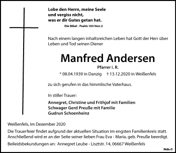 Traueranzeige von Manfred Andersen von Super Sonntag Weißenfels