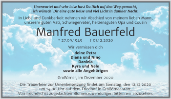 Traueranzeige von Manfred Bauerfeld von Wochenspiegel Mansfelder Land