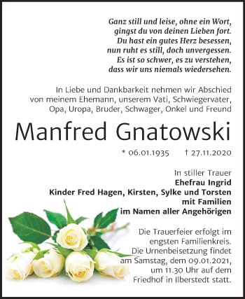 Traueranzeige von Manfred Gnatowski von Super Sonntag Bernburg