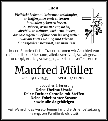 Traueranzeige von Manfred Müller von Wochenspiegel Weißenfels