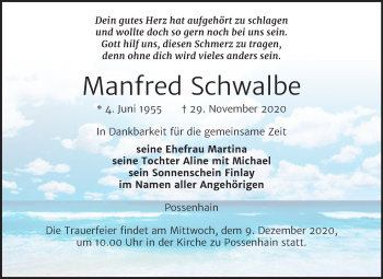Traueranzeige von Manfred Schwalbe von Wochenspiegel Weißenfels
