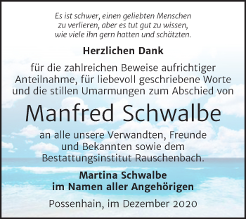 Traueranzeige von Manfred Schwalbe von Mitteldeutsche Zeitung Weißenfels