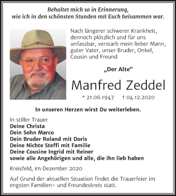 Traueranzeige von Manfred Zeddel von Wochenspiegel Mansfelder Land