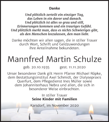 Traueranzeige von Mannfred Martin Schulze von Wochenspiegel Naumburg/Nebra