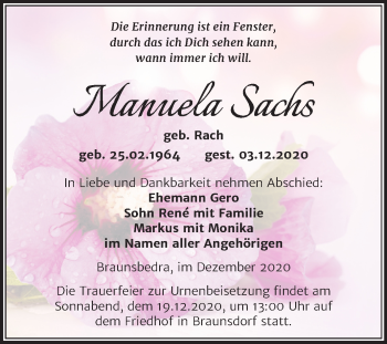 Traueranzeige von Manuela Sachs von Super Sonntag Merseburg/Querfurt