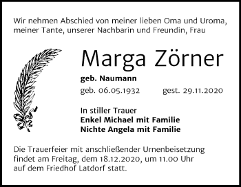 Traueranzeige von Marga Zörner von Mitteldeutsche Zeitung Bernburg