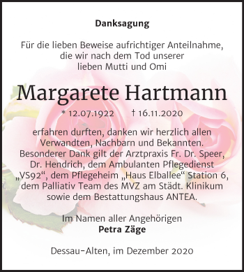 Traueranzeige von Margarete Hartmann von Mitteldeutsche Zeitung Dessau-Roßlau