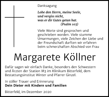 Traueranzeige von Margarete Köllner von Wochenspiegel Bitterfeld