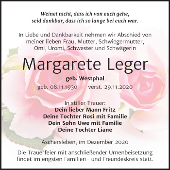 Traueranzeige von Margarete Leger von Mitteldeutsche Zeitung Aschersleben