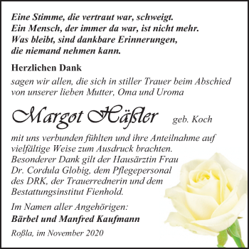 Traueranzeige von Margot Häßler von Super Sonntag Sangerhausen