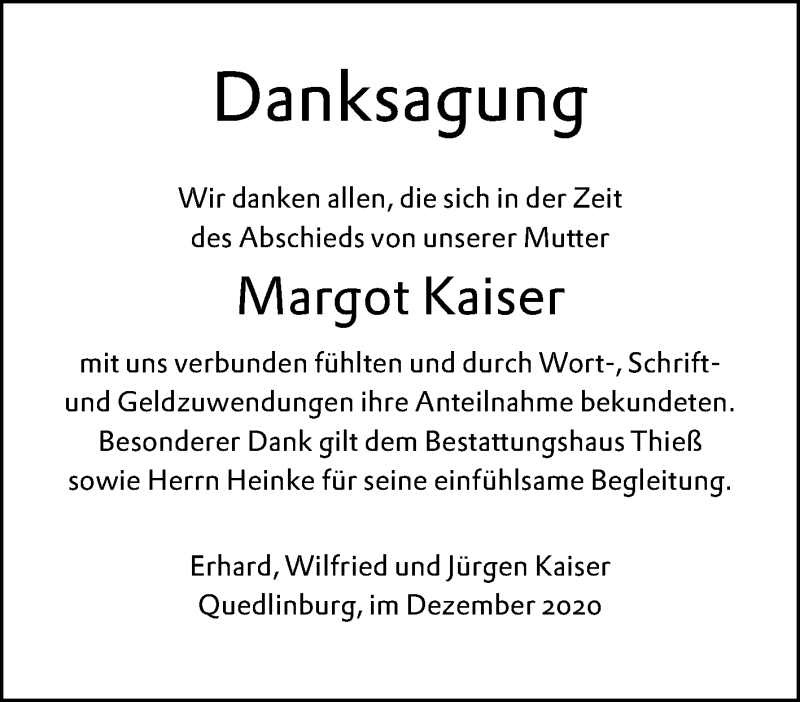  Traueranzeige für Margot Kaiser vom 05.12.2020 aus Mitteldeutsche Zeitung Quedlinburg