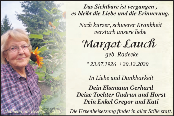 Traueranzeige von Margot Lauch von Mitteldeutsche Zeitung Bitterfeld