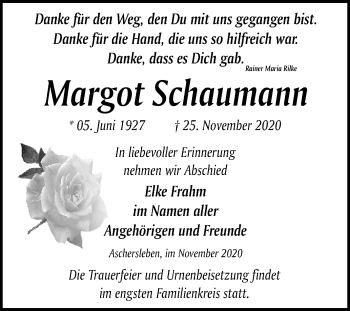 Traueranzeige von Margot Schaumann von Mitteldeutsche Zeitung Aschersleben