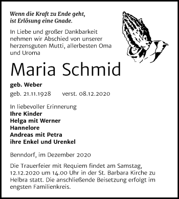 Traueranzeige von Maria Schmid von Mitteldeutsche Zeitung Mansfelder Land