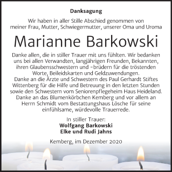 Traueranzeige von Marianne Barkowski von Super Sonntag Wittenberg