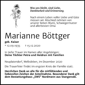 Traueranzeige von Marianne Böttger von Wochenspiegel Mansfelder Land