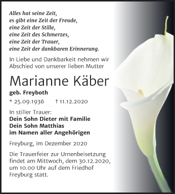 Traueranzeige von Marianne Käber von Mitteldeutsche Zeitung Naumburg/Nebra