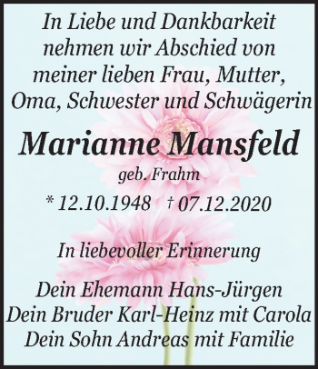 Traueranzeige von Marianne Mansfeld von Mitteldeutsche Zeitung Dessau-Roßlau