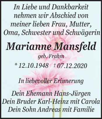 Traueranzeige von Marianne Mansfeld von Super Sonntag Dessau-Roßlau