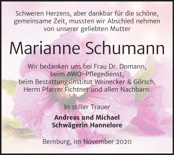 Traueranzeige von Marianne Schumann von Super Sonntag Bernburg