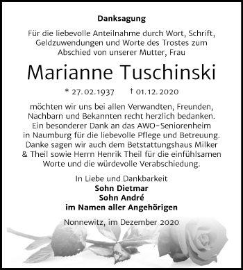 Traueranzeige von Marianne Tuschinski von Mitteldeutsche Zeitung Zeitz