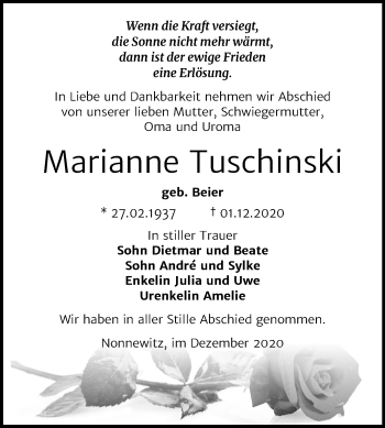 Traueranzeige von Marianne Tuschinski von Super Sonntag Zeitz