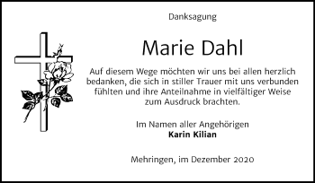 Traueranzeige von Marie Dahl von Super Sonntag Aschersleben