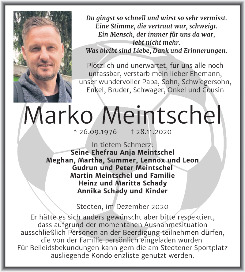  Traueranzeige für Marko Meintschel vom 09.12.2020 aus Wochenspiegel Mansfelder Land
