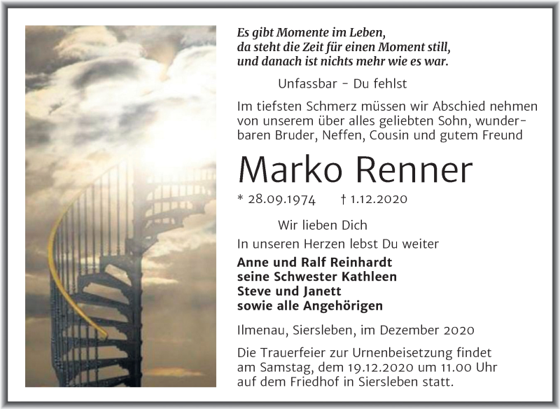  Traueranzeige für Marko Renner vom 16.12.2020 aus Wochenspiegel Mansfelder Land