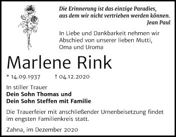 Traueranzeige von Marlene Rink Rink von Mitteldeutsche Zeitung Wittenberg