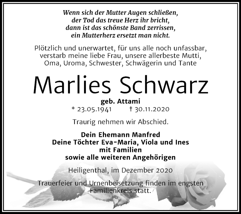  Traueranzeige für Marlies Schwarz vom 12.12.2020 aus Mitteldeutsche Zeitung Mansfelder Land