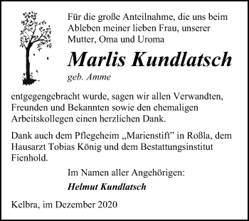 Traueranzeige von Marlis Kundlatsch von Mitteldeutsche Zeitung Sangerhausen