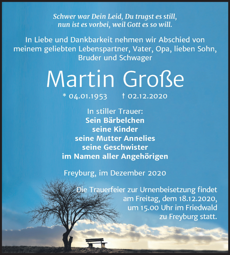  Traueranzeige für Martin Große vom 16.12.2020 aus Wochenspiegel Naumburg/Nebra
