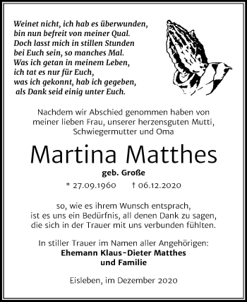 Traueranzeige von Martina Matthes von Mitteldeutsche Zeitung Mansfelder Land