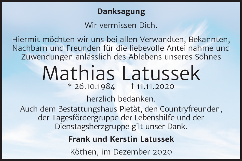  Traueranzeige für Mathias Latussek vom 05.12.2020 aus Super Sonntag Köthen