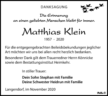 Traueranzeige von Matthias Klein von Wochenspiegel Weißenfels