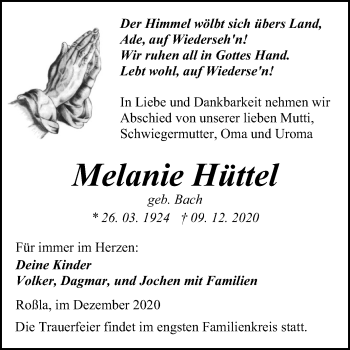 Traueranzeige von Melanie Hüttel von Super Sonntag Sangerhausen