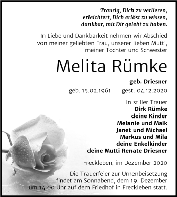 Traueranzeige von Melita Rümke von Super Sonntag Aschersleben