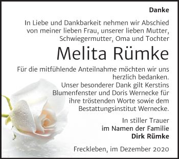 Traueranzeige von Melita Rümke von Mitteldeutsche Zeitung Aschersleben