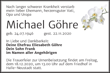 Traueranzeige von Michael Göhre von Mitteldeutsche Zeitung Halle/Saalkreis