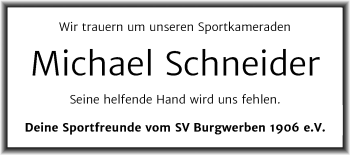 Traueranzeige von Michael Schneider von Wochenspiegel Weißenfels