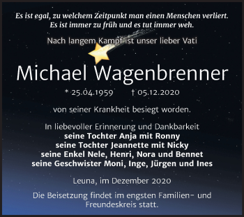 Traueranzeige von Michael Wagenbrenner von Mitteldeutsche Zeitung Merseburg/Querfurt