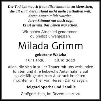 Traueranzeige von Milada Grimm von Wochenspiegel Weißenfels