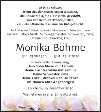 Traueranzeige von Monika Böhme von Wochenspiegel Weißenfels