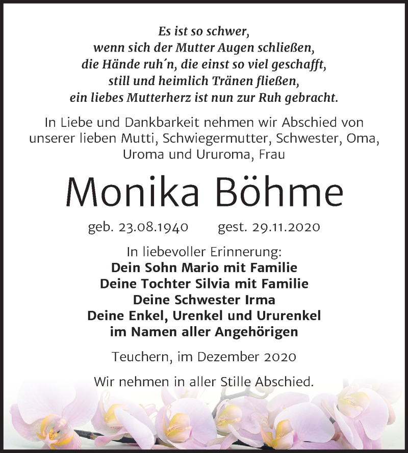  Traueranzeige für Monika Böhme vom 05.12.2020 aus Mitteldeutsche Zeitung Weißenfels