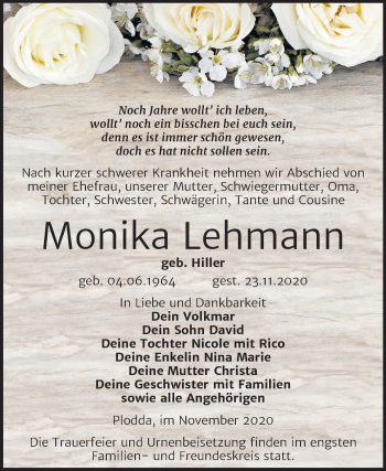 Traueranzeige von Monika Lehmann von Mitteldeutsche Zeitung Bitterfeld