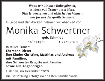 Traueranzeige von Monika Schwertner von Mitteldeutsche Zeitung Mansfelder Land