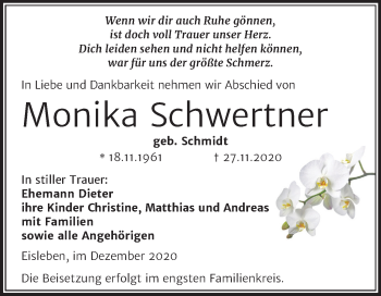 Traueranzeige von Monika Schwertner von Wochenspiegel Mansfelder Land
