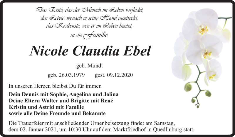  Traueranzeige für Nicole Claudia Ebel vom 28.12.2020 aus Mitteldeutsche Zeitung Quedlinburg