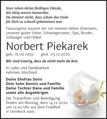 Traueranzeige von Norbert Piekarek von Super Sonntag Köthen
